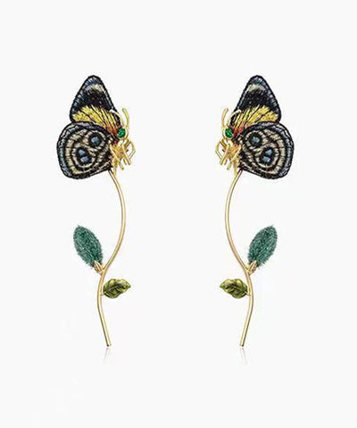 Handmade Colorblock Sterling Silver Overgild Embroidery Butterfly Detachable Drop Earrings Handmade Colorblock Sterling Silver Overgild Embroidery Butterfly Detachable Drop Earrings