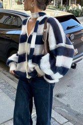 Meridress Pullover mit Laternenärmeln, Knopfleiste, Farbblockstreifen und Schal