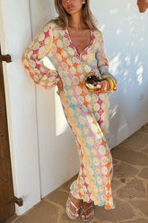 Vestido largo Meridress con cuello en V, mangas farol y estampado geométrico