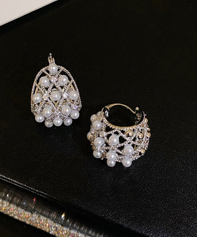 Modern Silk Sterling Silver Pearl Hollow Out Hoop Earrings Modern Silk Sterling Silver Pearl Hollow Out Hoop Earrings