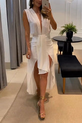 Meridress Deep V Neck Drape Front Sleeveless Swallowtail Maxi Party Dress