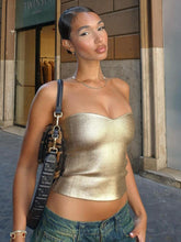 TARUXY Gold PU Crop Tops Für Frauen 2024 Bodycon Backless Sexy Off Schulter Tank Top Heiße Mädchen Straße Schlank Party Rohr top Damen