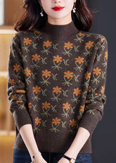 Jacquard Kaffee Rollkragen Gemütliche Strickpullover Frühling