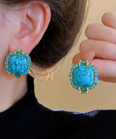 Pendientes de aleación azul retro con incrustaciones de circonita y turquesa  Pendientes de aleación azul retro con incrustaciones de circonita y turquesa