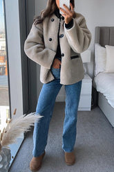 Meridress Button Down Pocketed Faux Fur Fleece Coat