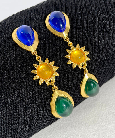 Pendientes de gota de agua con cristales esmaltados de colores y plata de ley dorada retro  Pendientes de gota de agua con cristales esmaltados de colores y plata de ley dorada retro