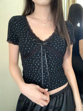 Camiseta de mujer con retazos de encaje kawaii coreano, estilo Y2K, estilo vintage floral, con lazo y cuello en V, manga corta, elástica y ajustada