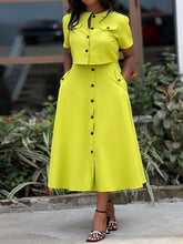 Buttoned Pockets Split-Joint Round-Neck T-Shirt Top + A-Line High Waisted Skirts Bottom Two Pieces Set