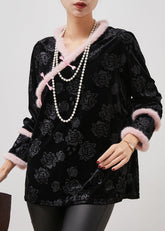 Camisa vintage de terciopelo de seda oriental con patchwork de jacquard negro para primavera