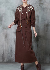 Vestido moderno de sudadera de algodón con bordado floral marrón para primavera