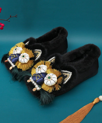 Zapatos planos con cuentas y clavos retro rosas forrados de lana afelpada  Zapatos planos con cuentas y clavos retro rosas forrados de lana afelpada