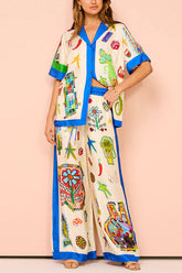 Meridress Graffiti-Print Kurzarm Bluse Shirt Kordelzug Taille Weites Bein Hose Satin Set