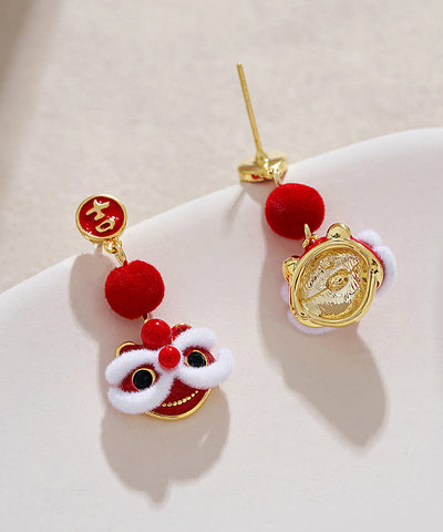 Original Design Red Copper Orange Silk Velvet Lion Dance Drop Earrings Original Design Red Copper Orange Silk Velvet Lion Dance Drop Earrings