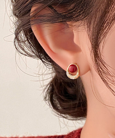 New Red Copper Overgild Zircon Pearl Stud Earrings New Red Copper Overgild Zircon Pearl Stud Earrings