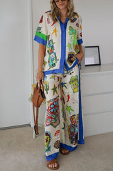 Meridress Einzigartiger Druck Kurzarm Button-Down-Hemd Elastische Taille Weites Bein Hosen-Set