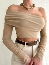 Tossy Sommer-Oberteil mit schulterfreiem, langärmeligem, transparentem Netzstoff, doppellagiges Wickeloberteil, gerüschte Spitze, kurze Oberteile für Damen, Neu 2023