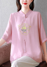 Bluse aus Seide im chinesischen Stil mit rosa Quasten und Stickereien, Halbarm