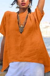 Meridress Solid Short Sleeve Cotton Linen Loose Top