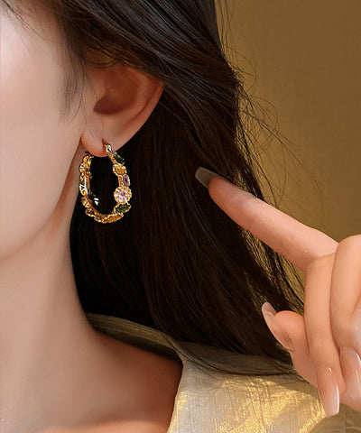 Oversize Gold Copper Alloy Floral Drip Glaze Hoop Earrings Oversize Gold Copper Alloy Floral Drip Glaze Hoop Earrings