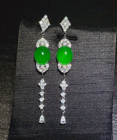 Fine Green Sterling Silver Zircon Jade Tassel Drop Earrings Fine Green Sterling Silver Zircon Jade Tassel Drop Earrings