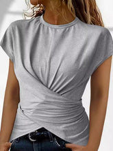 Buttoned Knot Pleated Solid Color Raglan Sleeve Skinny Round-Neck T-Shirts Tops