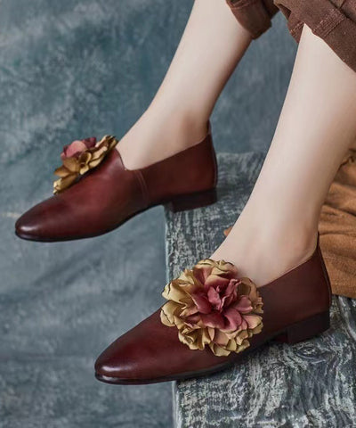 Retro Coffee Floral Splicing Loafer Shoes Cowhide Leather Pointed Toe Retro Coffee Floral Splicing Loafer Shoes Cowhide Leather Pointed Toe