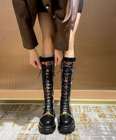 Black Embossed Splicing Chic Platform Boots Lace Up Black Embossed Splicing Chic Platform Boots Lace Up