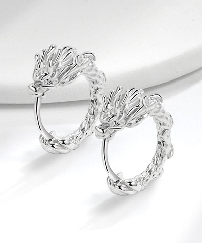 Loose Silk Sterling Silver Dragon Shaped Hoop Earrings Loose Silk Sterling Silver Dragon Shaped Hoop Earrings