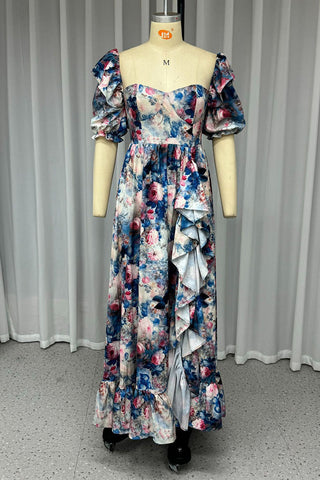 Vestidos de noche sexis con estampado floral, volantes, abertura y escote cuadrado  Vestidos de noche sexis con estampado floral, volantes, abertura y escote cuadrado