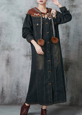 Feine Marineblaue Blumen Patchwork Denim Lange Kleider Frühling