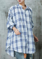 Damen Blau Oversized Plaid Baumwolle Blusen Laterne Ärmel