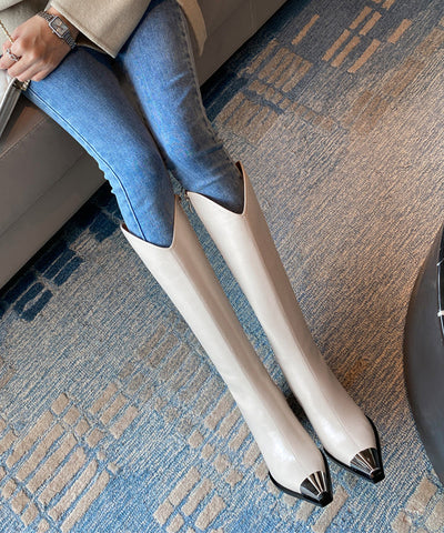 Boutique Beige Splicing Chunky Heel Boots Pointed Toe Boutique Beige Splicing Chunky Heel Boots Pointed Toe