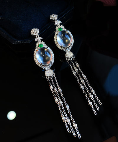Modern Silk Sterling Silver Overgild Zircon Jade Tassel Drop Earrings Modern Silk Sterling Silver Overgild Zircon Jade Tassel Drop Earrings