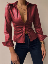 Long Sleeves Skinny Buttoned Pleated Solid Color Lapel Blouses&Shirts Tops