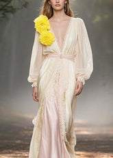 Edle V-Ausschnitt Spitze Floral Patchwork Chiffon Kleider Frühling