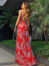 Red Maxi Dresses For Women Floral Print V-Neck Backless Floor Length Summer Dress