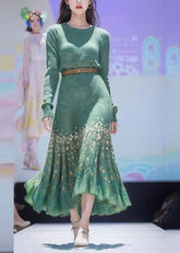 Vestido de suéter de punto de algodón de cintura alta con estampado verde vintage para invierno