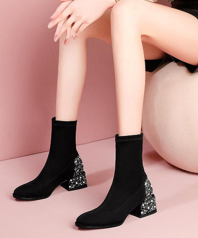 Black Zircon Splicing Stylish Suede Chunky Boots Black Zircon Splicing Stylish Suede Chunky Boots