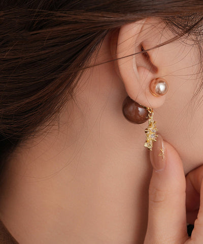 New Red Copper Zircon Pearl Snowflake Stud Earrings New Red Copper Zircon Pearl Snowflake Stud Earrings