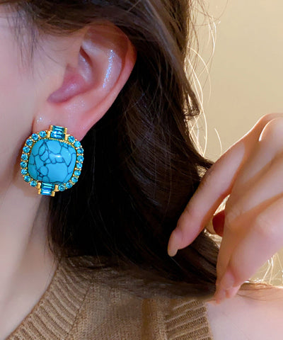 Pendientes de aleación azul retro con incrustaciones de circonita y turquesa  Pendientes de aleación azul retro con incrustaciones de circonita y turquesa