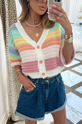 Meridress – Gestreifter Rippstrickpullover mit V-Ausschnitt und Knopfleiste