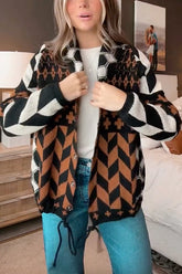 Meridress Pullover-Strickjacke mit Knopfleiste und Kordelzug am Saum und geometrischem Muster