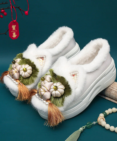 Handmade Splicing Tassel Nail Bead Platform Flat Shoes Coffee Fuzzy Wool Lined Handmade Splicing Tassel Nail Bead Platform Flat Shoes Coffee Fuzzy Wool Lined