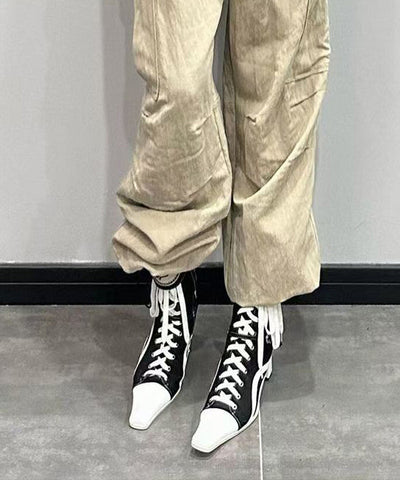 Black Splicing Canvas Cross Strap Chunky Boots Black Splicing Canvas Cross Strap Chunky Boots