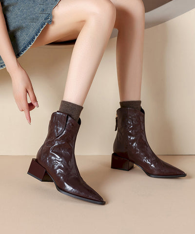 Boutique Splicing Chunky Boots Brown Cowhide Leather Pointed Toe Boutique Splicing Chunky Boots Brown Cowhide Leather Pointed Toe