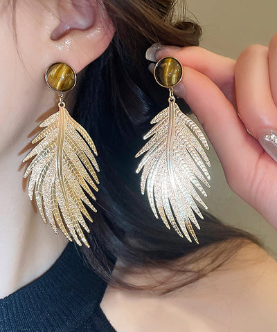 Novelty Gold Copper Zircon Tiger Eye Stone Leaf Drop Earrings Novelty Gold Copper Zircon Tiger Eye Stone Leaf Drop Earrings