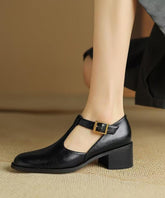 Black Cowhide Leather Splicing Chunky Shoes Hollow Out