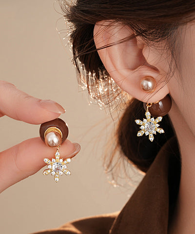 New Red Copper Zircon Pearl Snowflake Stud Earrings New Red Copper Zircon Pearl Snowflake Stud Earrings
