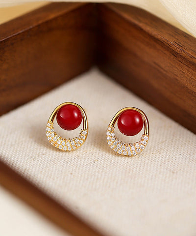 New Red Copper Overgild Zircon Pearl Stud Earrings New Red Copper Overgild Zircon Pearl Stud Earrings