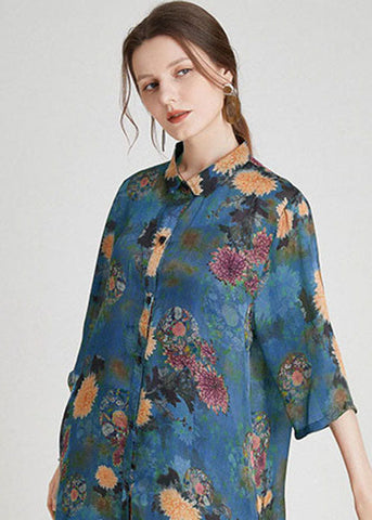Conjunto de dos piezas de gasa con abertura lateral y estampado azul de moda para verano  Conjunto de dos piezas de gasa con abertura lateral y estampado azul de moda para verano